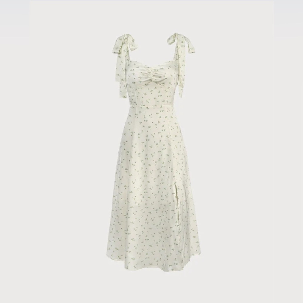 NWT RIHOAS The Light Green Satin Floral Tie Strap Slit Midi Dress - Picture 6 of 8